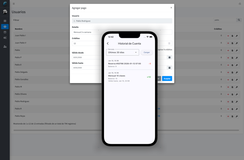 Vista del producto FitDesk relacionada con gestión de socios